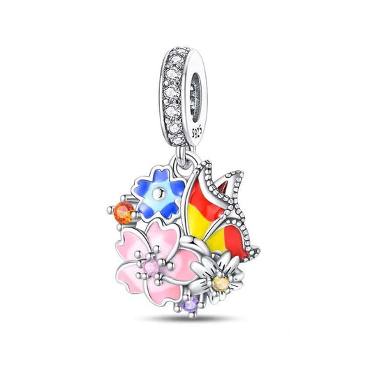 Blooming Flower Garden Charm Sterling Silver S925 Nature Butterfly