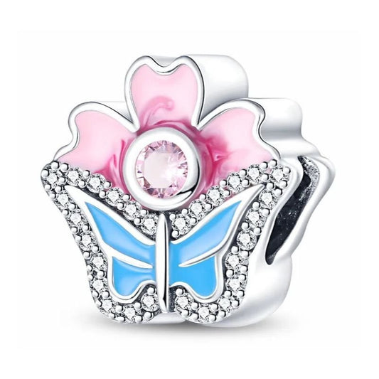 Blue Butterfly Charm Sterling Silver S925 Pink Flower