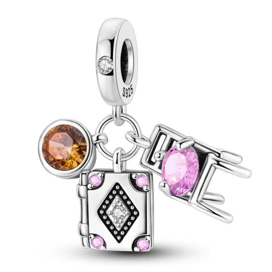 Book Reader Charm Sterling Silver S925 Pink Chair Book Cup