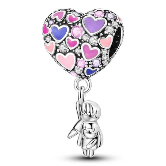 Dangling Boy Girl Charm Sterling Silver S925 Love Heart Balloon