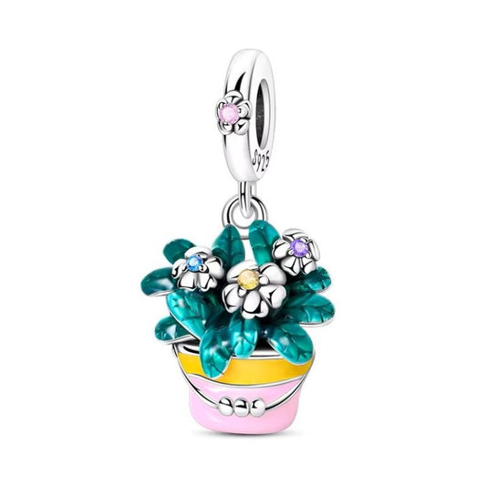 Floral Pot Plant Charm Sterling Silver S925 Yellow Pink Bucket