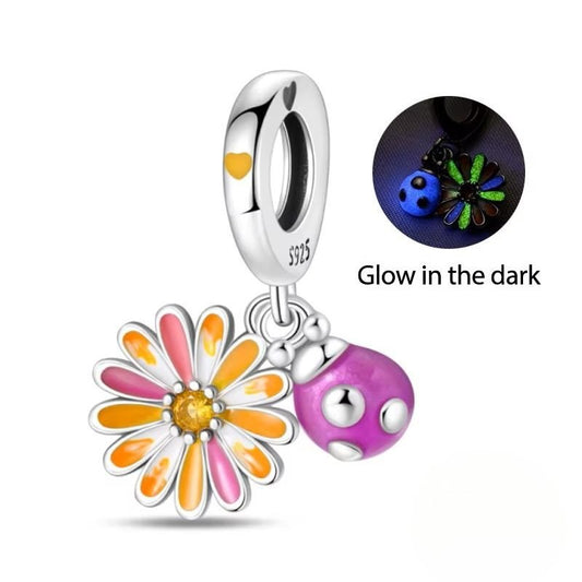 Flower Charm Sterling Silver S925 Ladybug Glow in the Dark