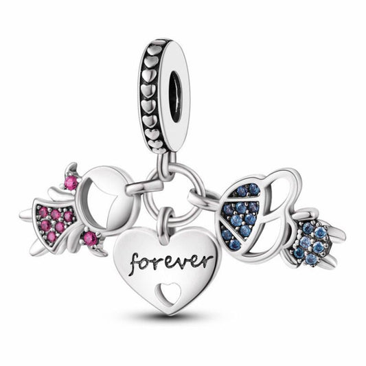 Couple Charm Sterling Silver S925 Pink Girl Blue Boy Forever Love Friendship