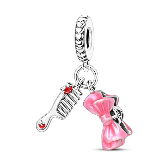 Hair Brush Charm Sterling Silver S925 Pink Ribbon Bow Hairstyles