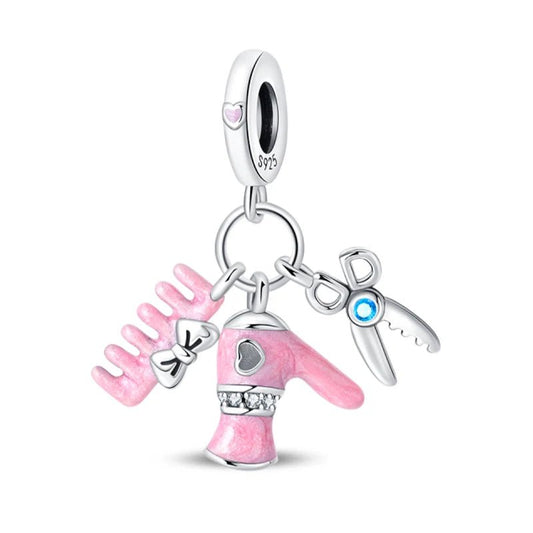 Hairdresser Charm Sterling Silver S925 Pink Comb Hair Dryer Scissors