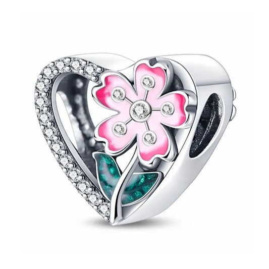 Pink Flower Charm Sterling Silver S925 Love Heart