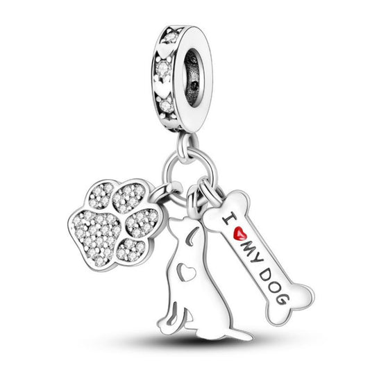 I Love My Dog Charm Sterling Silver S925 Pet Pawprint Bone Heart
