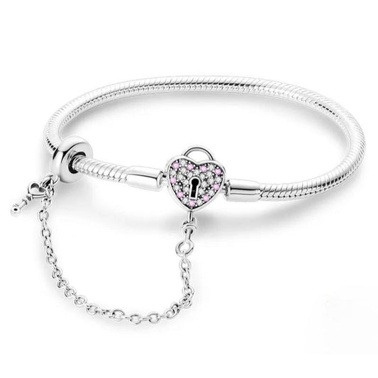 DIY Charm Bracelet with Lock and Key Clasp and Chain Pink Sterling Silver S925