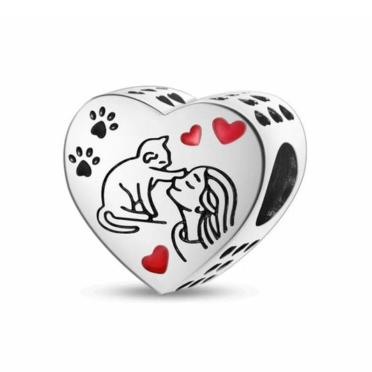 Cat Lover Charm Sterling Silver S925 Women Love Heart Pawprints