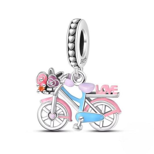 Pink Blue Bicycle Charm Sterling Silver S925 Love Flowers