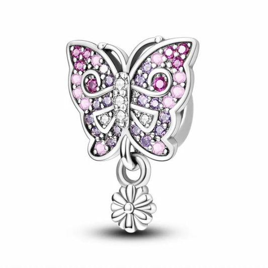 Pink Purple Butterfly Charm Sterling Silver S925 Dangling Flower