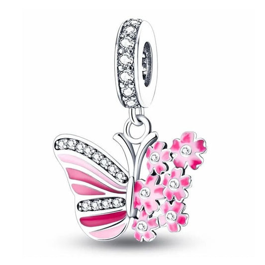 Pink Butterfly Charm Sterling Silver S925 Pink Floral Wing Flower