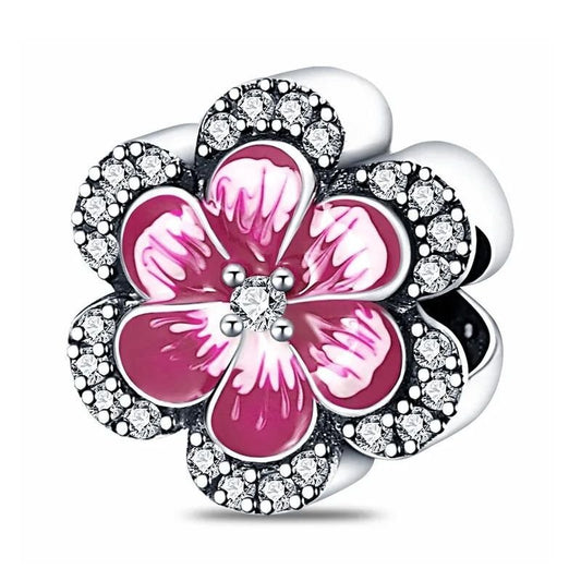 Pink Flower Charm Sterling Silver S925 Clear Gemstones Favorite Color