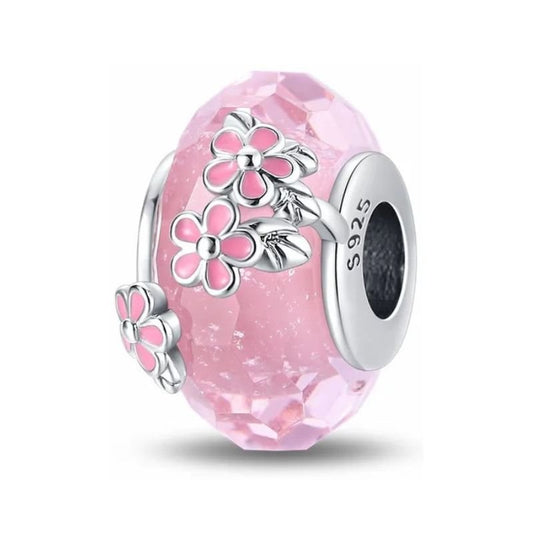 Pink Flower Charm Sterling Silver S925 Pretty Floral Glass Bead