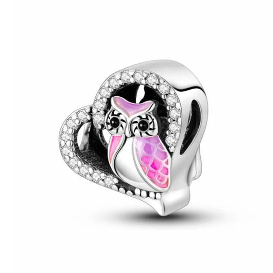 Pink Owl Charm Sterling Silver S925 Angled Love Heart Clear