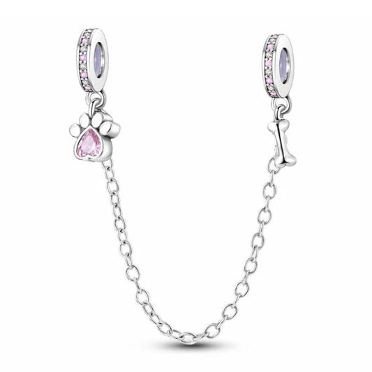 Pink Pawprint Safety Chain Sterling Silver S925 Pet Bone Dog