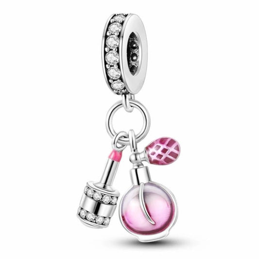 Pink Puff Perfume Bottle Charm Sterling Silver S925 Lipstick Beauty