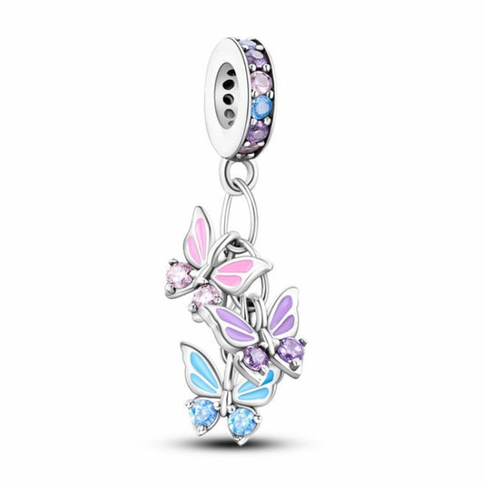 Three Butterflies Charm Sterling Silver S925 Pink Purple Blue Butterfly