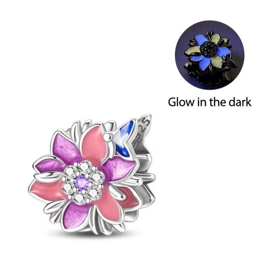Pink Purple Flower Charm Sterling Silver S925 Glow in the Dark