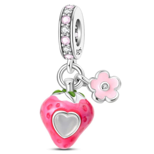 Pink Strawberry Charm Sterling Silver S925 Flower Heart