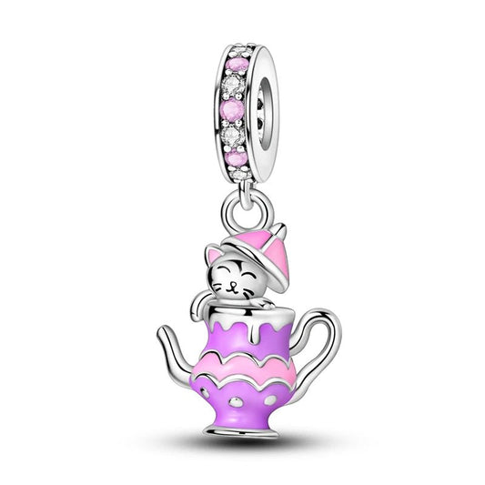 Playful Kitten Charm Sterling Silver S925 Purple Teapot