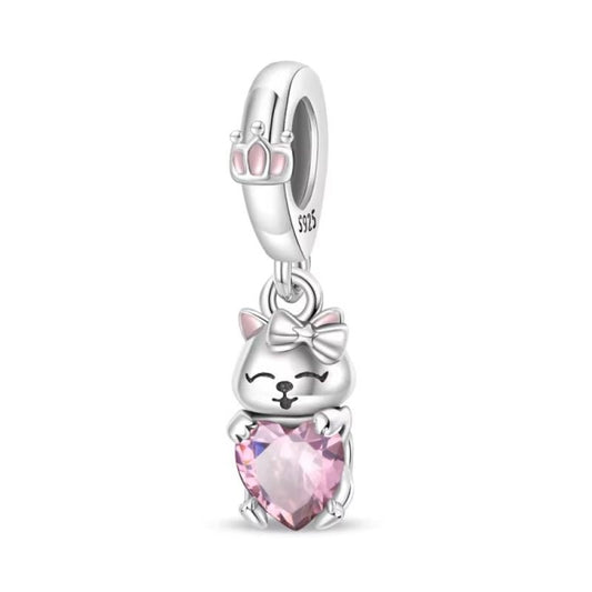 Pretty Cat Charm Sterling Silver S925 Bow Pink Love Heart