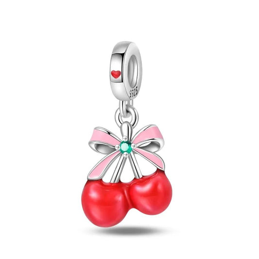 Red Cherries Charm Sterling Silver S925 Pink Bow