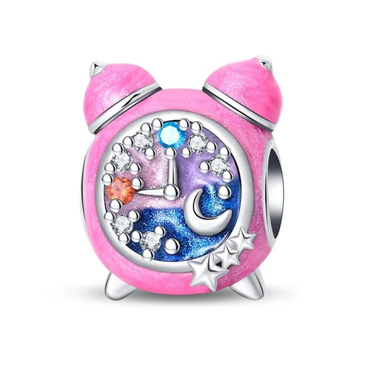 Bed Alarm Clock Charm Sterling Silver S925 Bells Pink