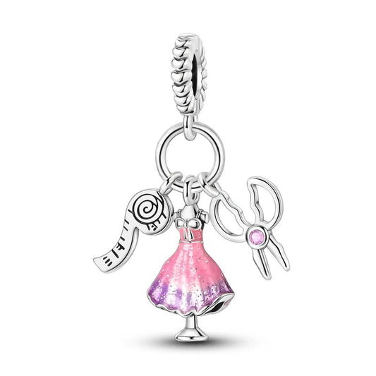 Sewing Charm Sterling Silver S925 Pink Dress Measuring Tape Scissor