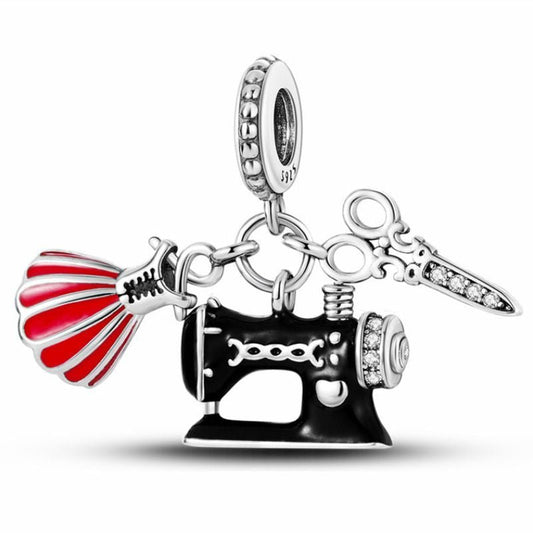 Sewing Machine Charm Sterling Silver S925 Scissors Red Dress