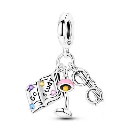 Studying Charm Sterling Silver S925 Go Study Book Glasses Lamp