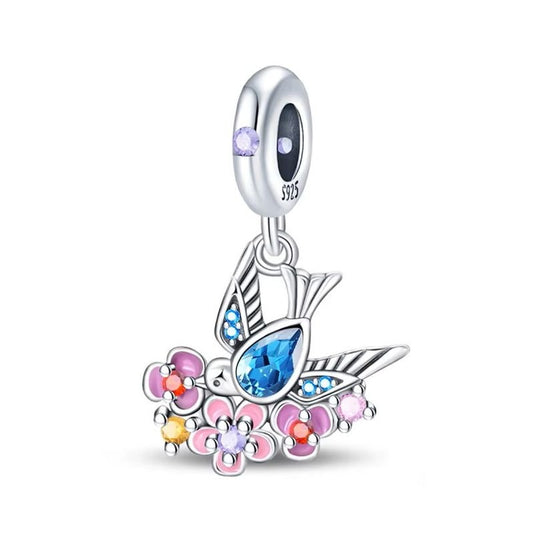 Swooping Bird Charm Sterling Silver S925 Blue Floral Flower