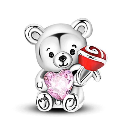 Teddy Bear Charm Sterling Silver S925 Pink Love Heart Red Rose