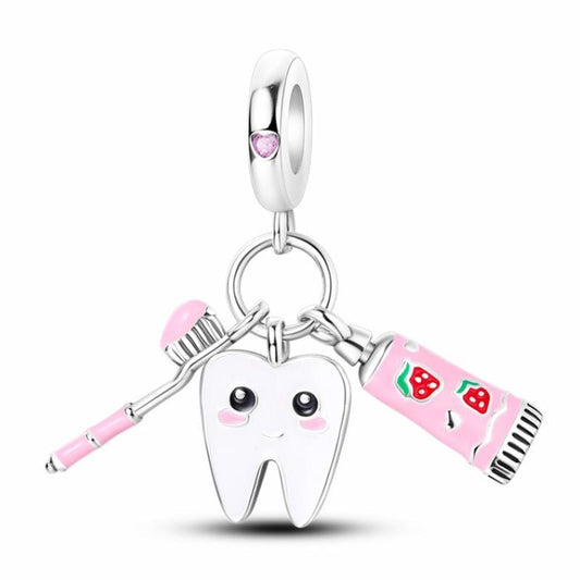 Smiley Face Tooth Charm Sterling Silver S925 Pink Toothbrush Toothpaste