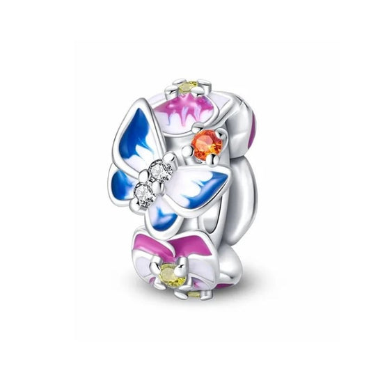 Blue Butterfly Charm Sterling Silver S925 Pink Flower Pansy Garden