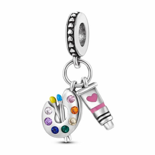 Colorful Painters Palette Charm Sterling Silver S925 Paintbrush Pink Paint