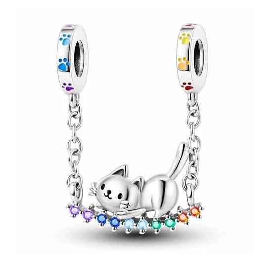 Cute Cat on Swing Charm Sterling Silver S925 Colorful Pawprints