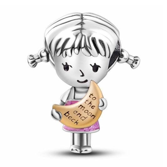 Little Girl Charm Sterling Silver S925 To the Moon and Back Love