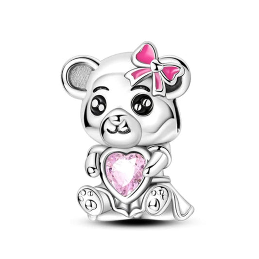 Teddy Bear Sterling Silver Plated Charm Pink Bow Heart
