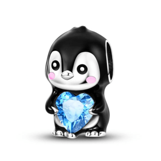 Black Penguin Sterling Silver Plated Charm Blue Love Heart