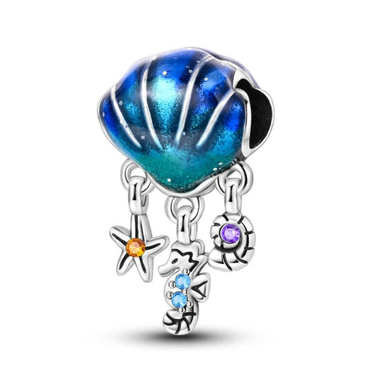 Blue Clam Sterling Silver Plated Charm Dangling Starfish Seahorse Shell