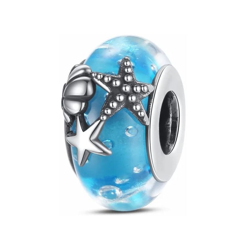 Blue Ocean Sterling Silver Plated Charm Beach Starfish Shell Glass Bead