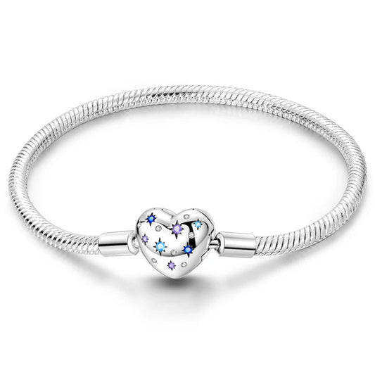 Charm Bracelet with Heart Clasp Blue Purple Stars