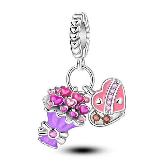 Bouquet Sterling Silver Plated Charm Heart Chocolate Pink Purple
