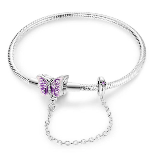 Charm Bracelet with Butterfly Clasp and Chain Purple