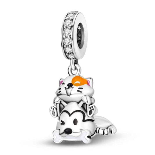 Cat Dog Sterling Silver Plated Charm Cartoon Facial Expressions
