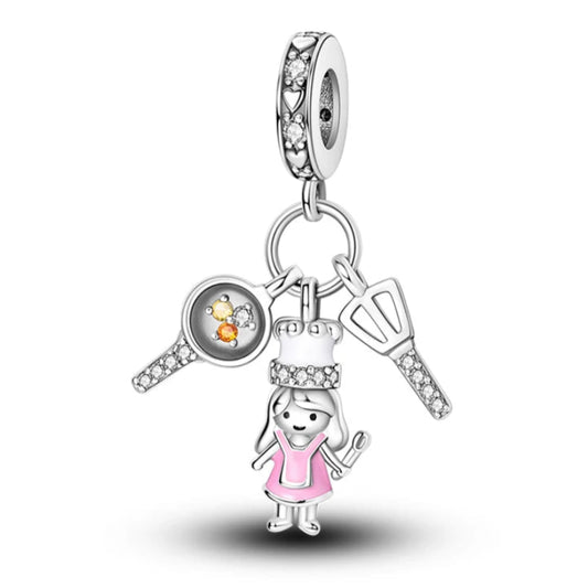 Cook Sterling Silver Plated Charm Frying Pan Spatula Pink Dress