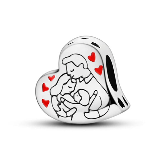Family Sterling Silver Plated Charm Love Heart Red