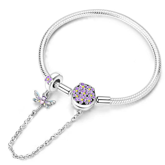Charm Bracelet with Flower Clasp and Chain Dragonfly