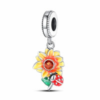 Garden Sterling Silver Plated Charm Yellow Single Flower Red Lady Beetle